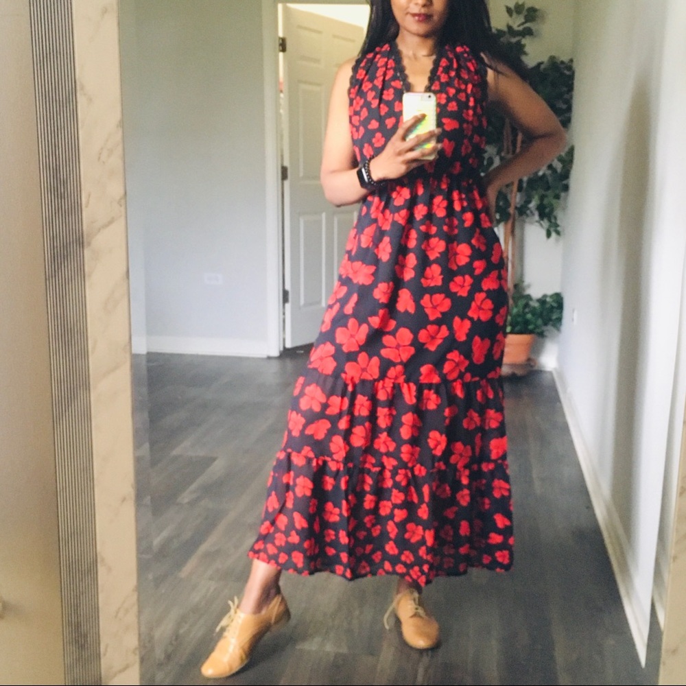 Red & black floral lace maxi dress small